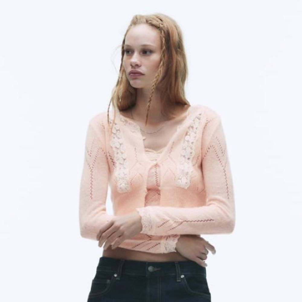ZARA POINTELLE KNIT CARDIGAN WITH LACE - Picture 2 of 7